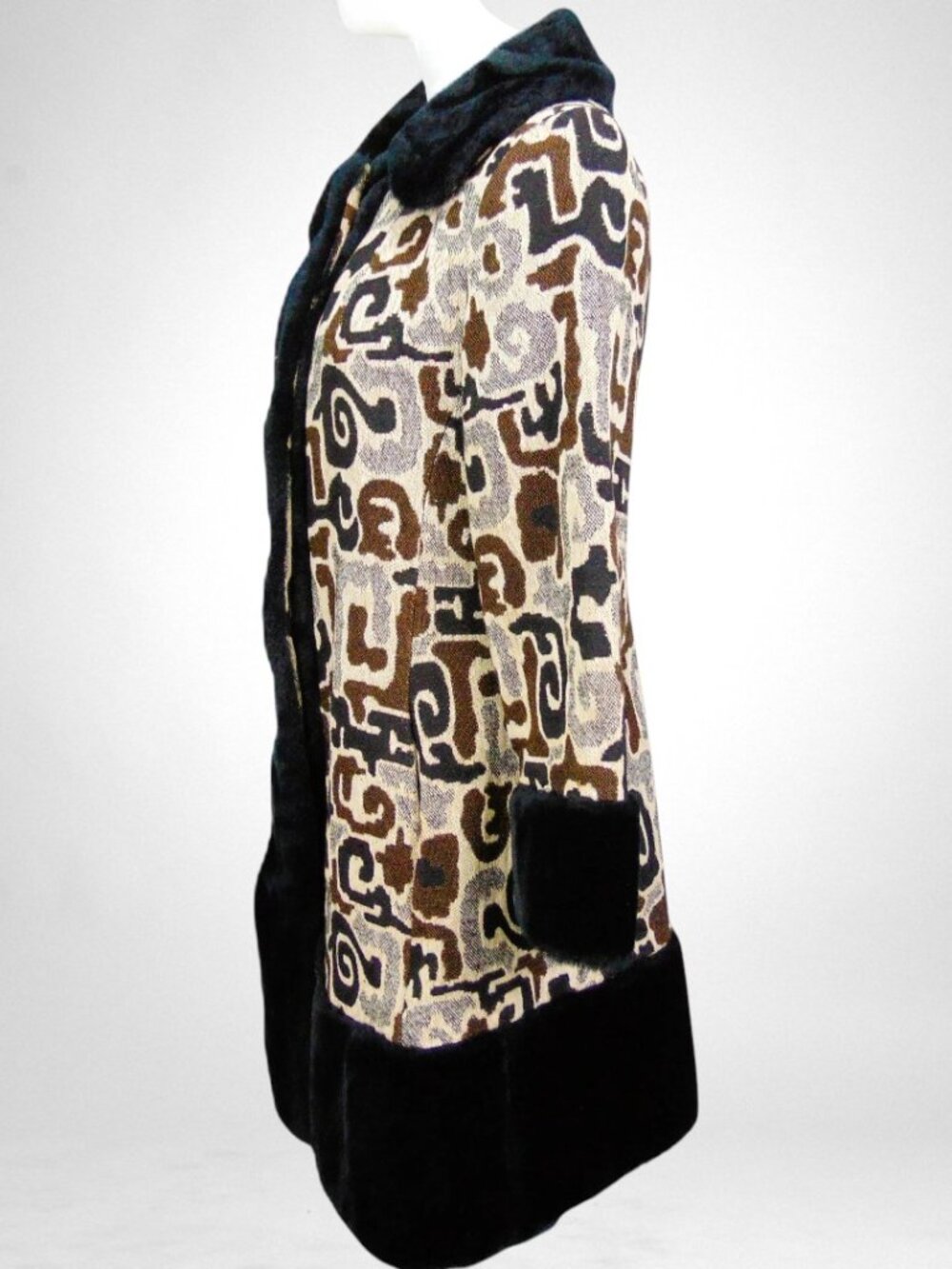 Vintage 1960s Mar-Del by Rice Jacquard Coat Faux Fur Trim A-Line Mod Statement M - Picture 4 of 13
